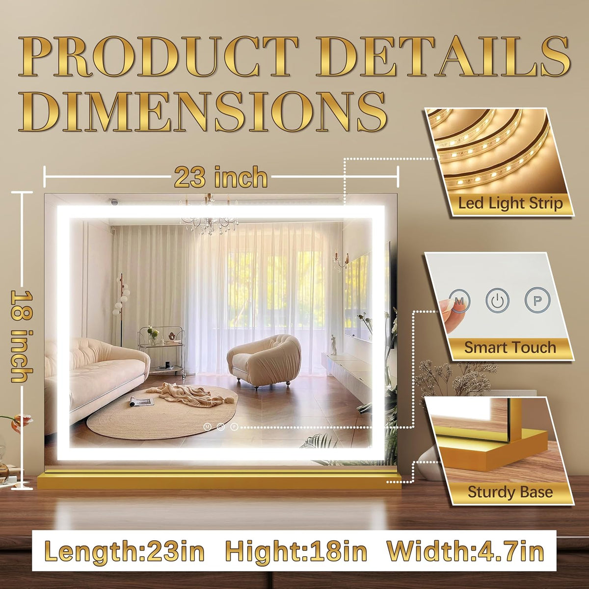 Gold Vanity Mirror with Lights 23x18 Inch, 3-Color Dimmable LED & Touch Control - Large Makeup