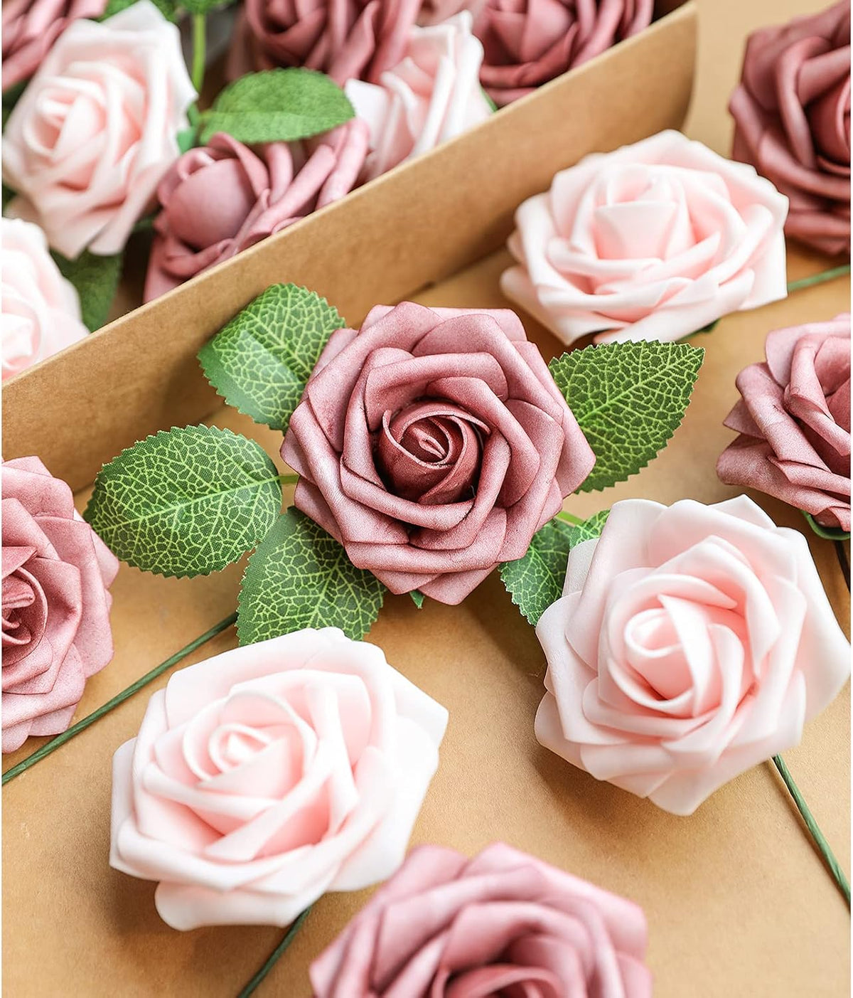 AmyHomie Artificial Flower Warm Taupe & Nude Rose 25pcs Real Looking Fake Roses w/Stem for DIY