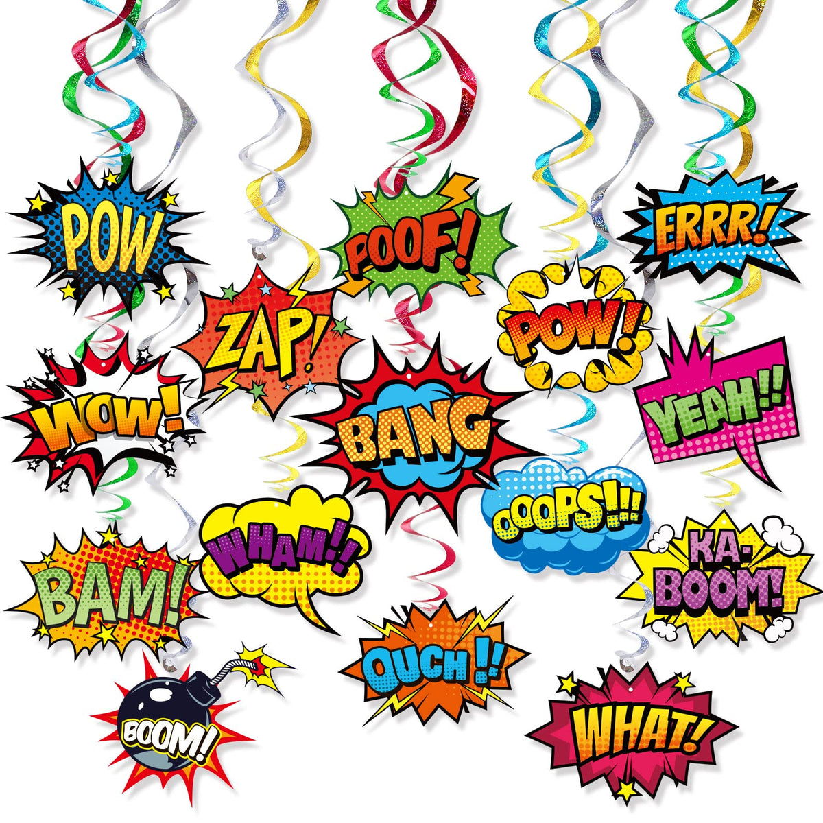 Superhero Hanging Swirls 30 Pack Hero Action Sign Foil Ceiling Hanging Swirls Streams Banner Decor