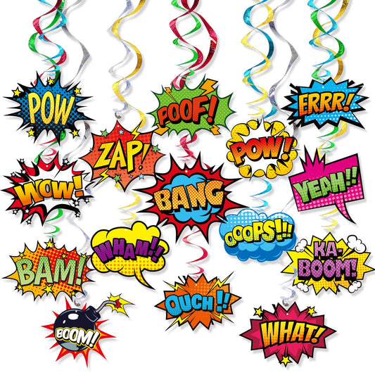 Superhero Hanging Swirls 30 Pack Hero Action Sign Foil Ceiling Hanging Swirls Streams Banner Decor