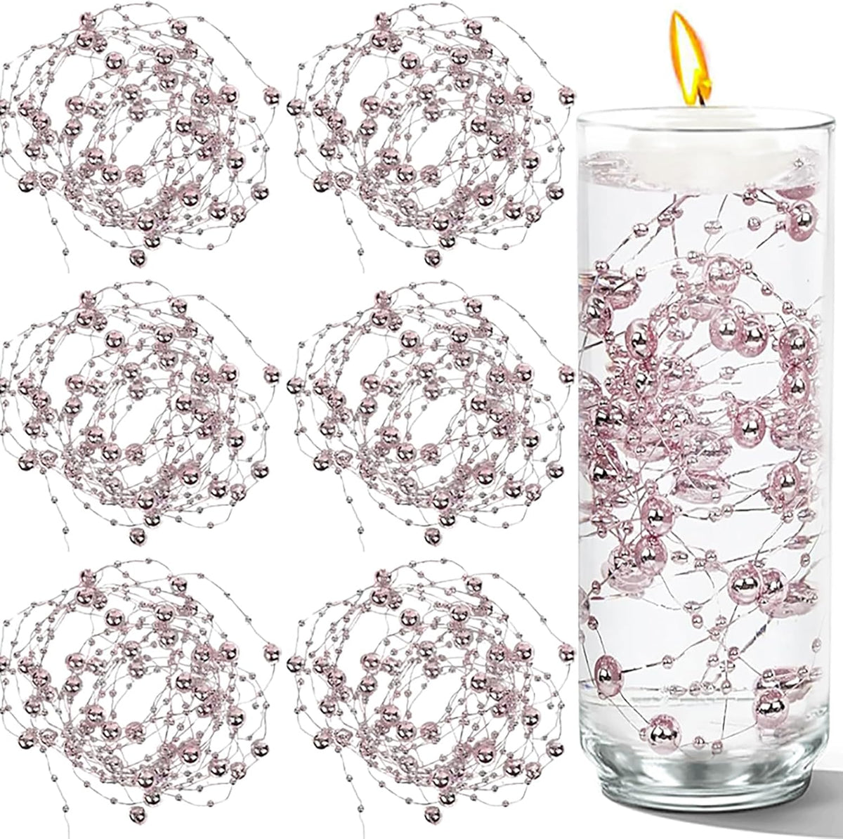 50 PCS Artificial Floating Beads for Centerpieces Vases, Rose Gold 8+3mm String Beads for Wedding