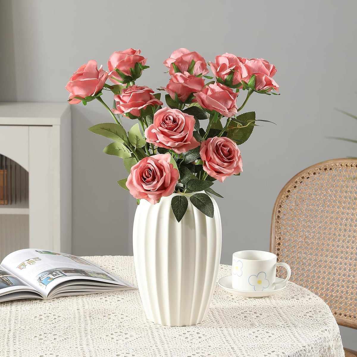 Tifuly Dusty Pink Roses Artificial Flowers -12 Pcs Long Stem Silk Roses, Realistic Fake Roses with