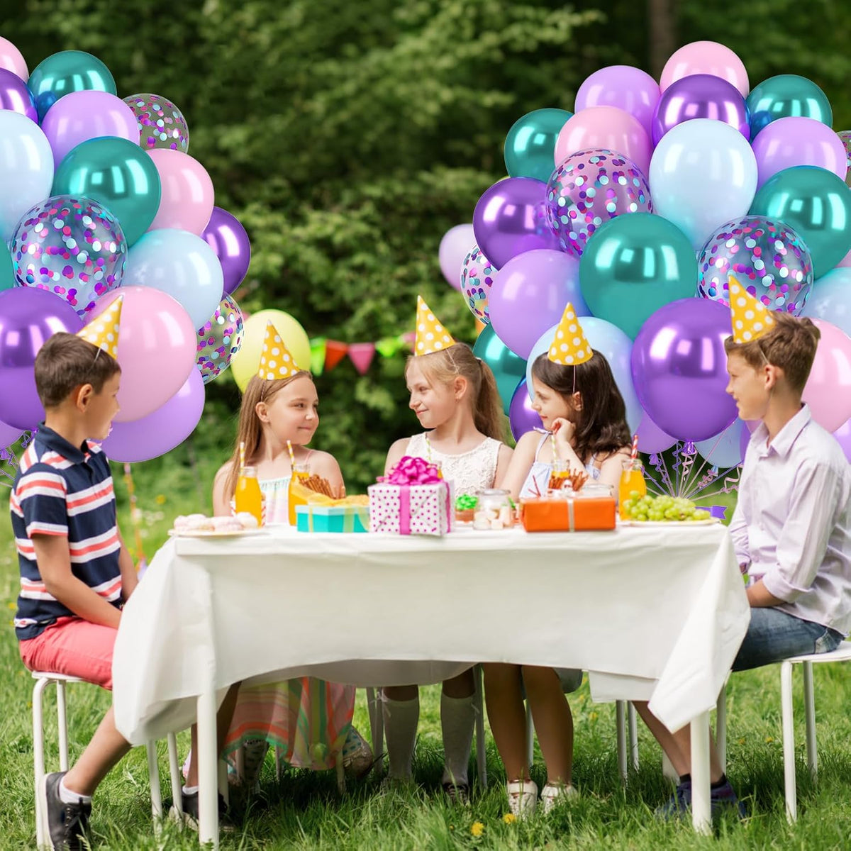 Mermaid Balloons, 12 Inch Pastel Purple and Teal Balloons, Pink Metallic Teal Purple Confetti