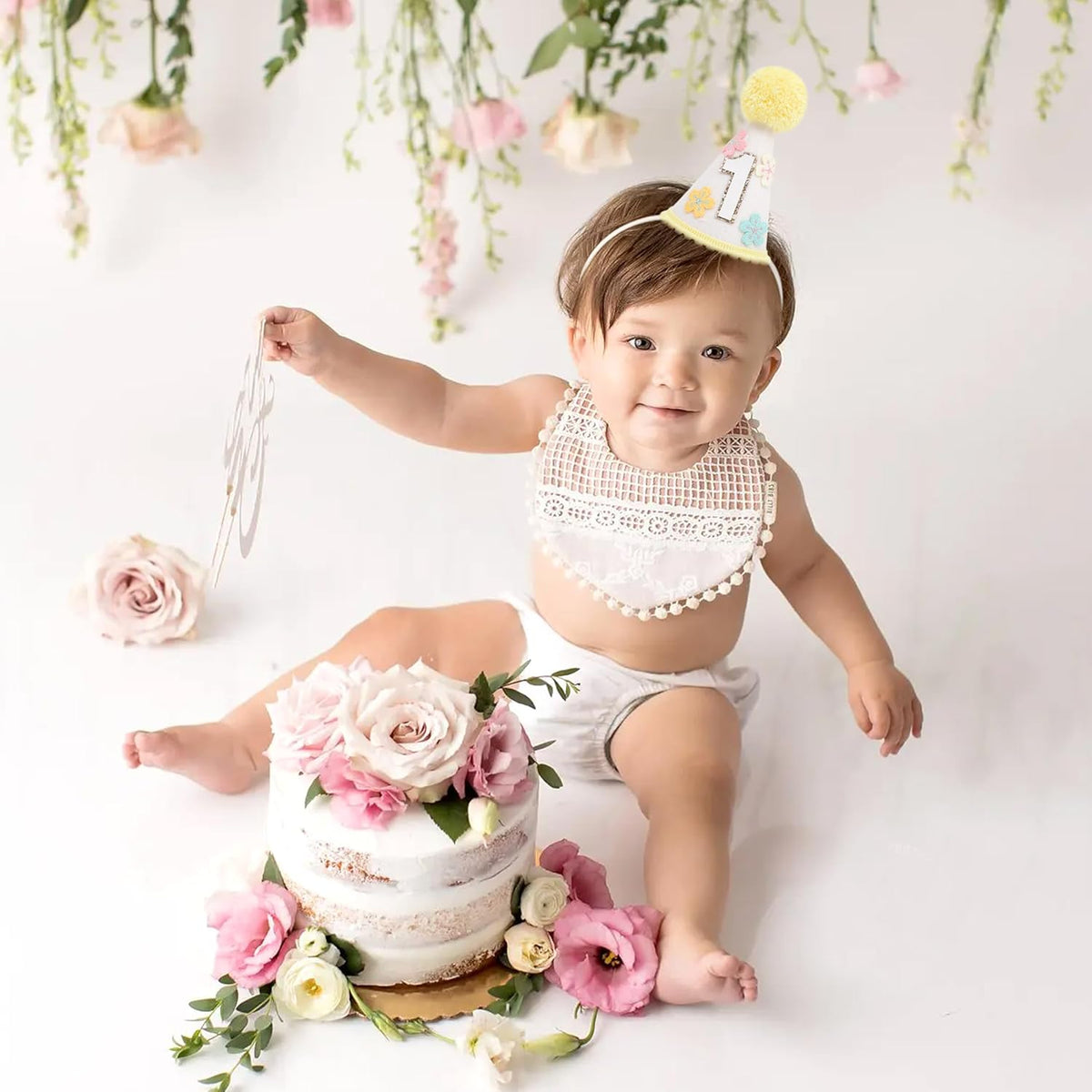 WAUAO Colorful Flower 1st Birthday Cone Hat for Girls - Cute & Adorable Floral Crown, First