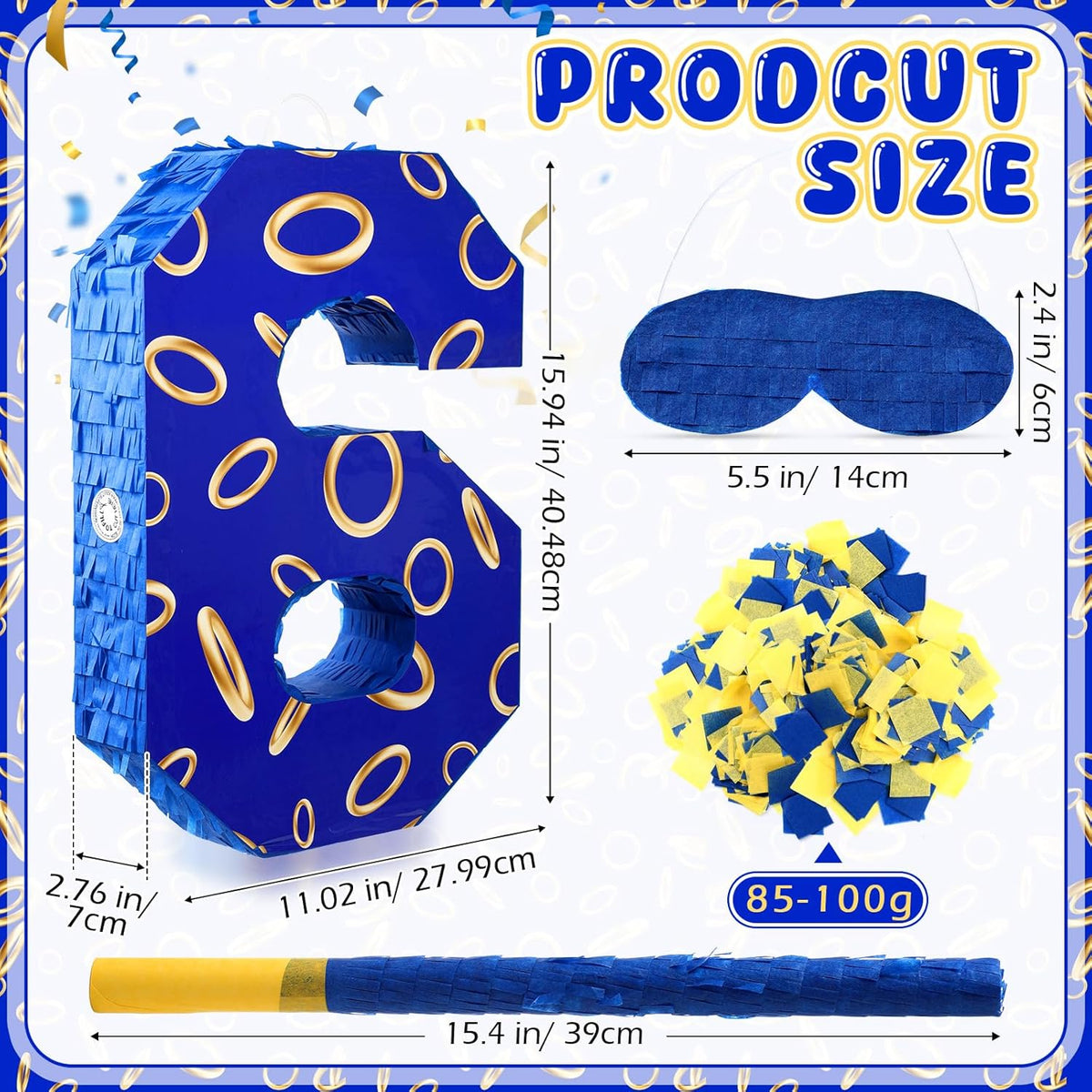 Number 6 Blue and Golden Rings Piñata for Kids Birthday Cartoon Theme Small Piñata with Blindfold