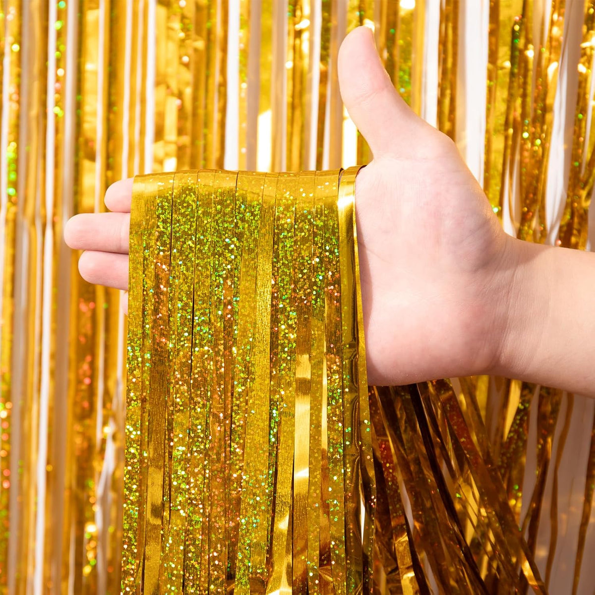 2 Pack Laser Gold Foil Fringe Backdrop Curtains, Tinsel Streamers Birthday Party Decorations