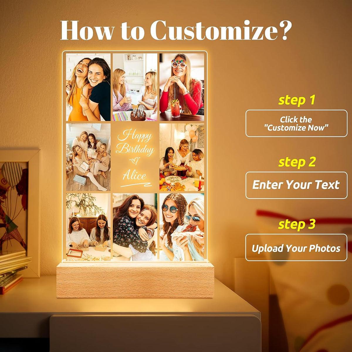 Custom Picture Frames with Photos, Personalized Photo Frame with Night Light, Customized Picture