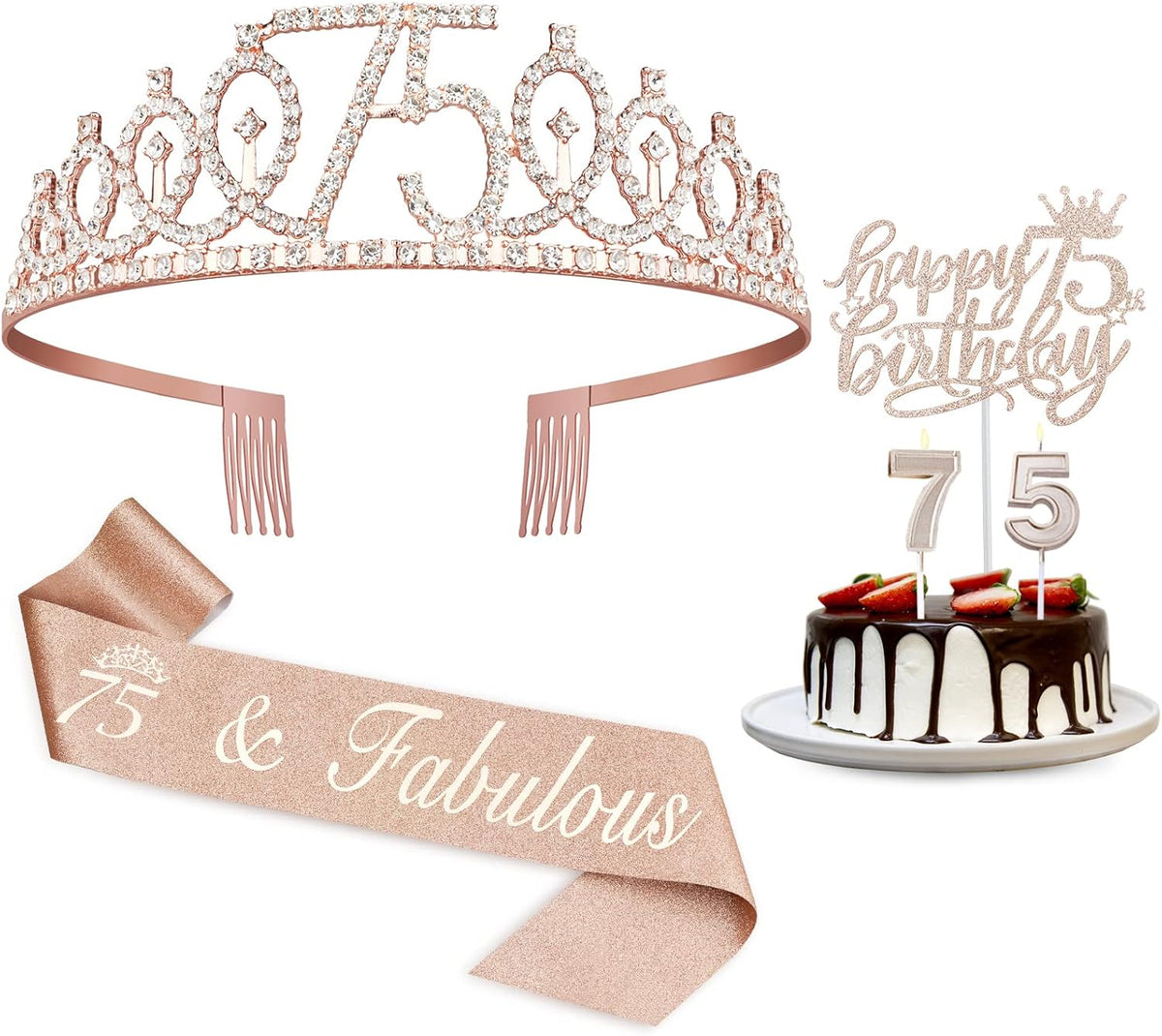 75th Birthday Decorations for Women Including Sash, Crown/Tiara, Candles and Cake Topper, Rose Gold
