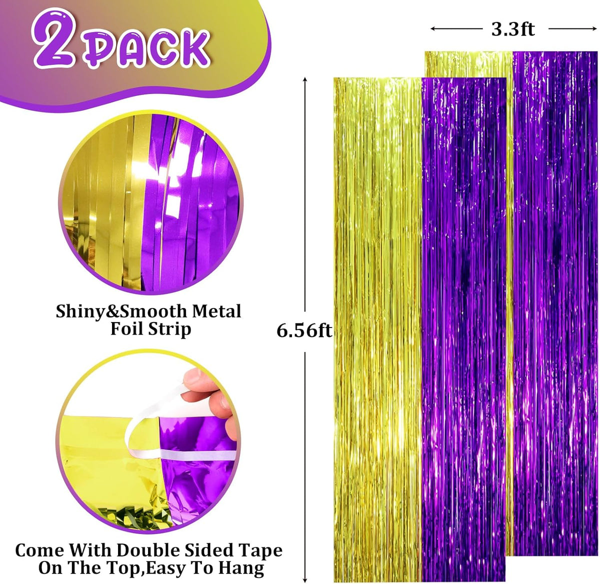 2 Pack Purple and Gold Foil Fringe Backdrop Curtains, Tinsel Streamers Party Decorations, Fringe
