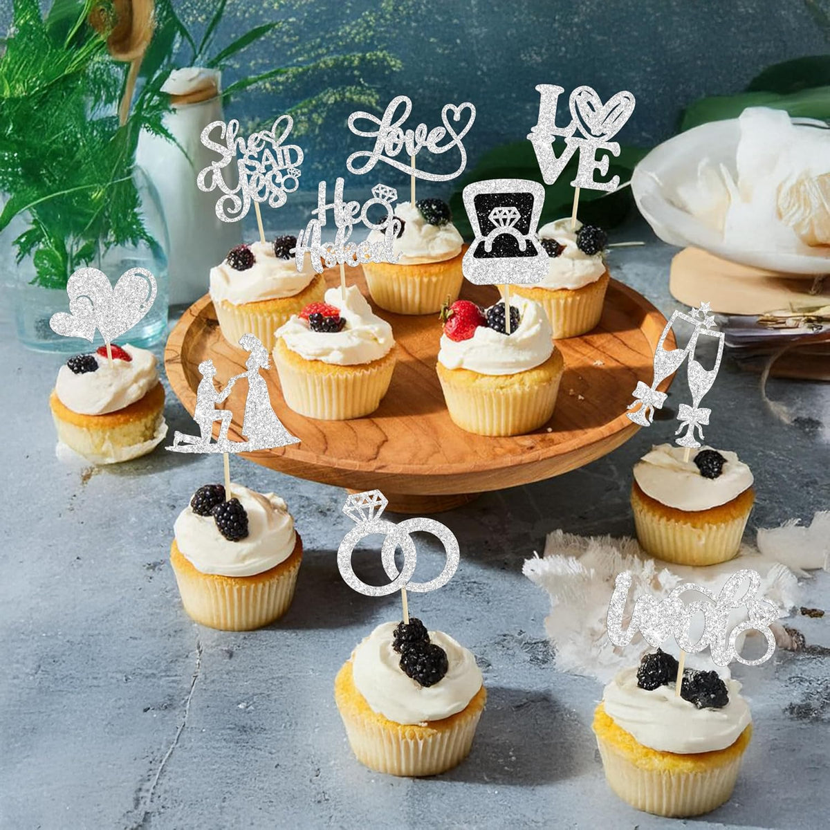 Ephlyn 30Pcs He Asked She Said Yes Cupcake Toppers Glitter Engagement Cupcake Toppers Diamond Ring