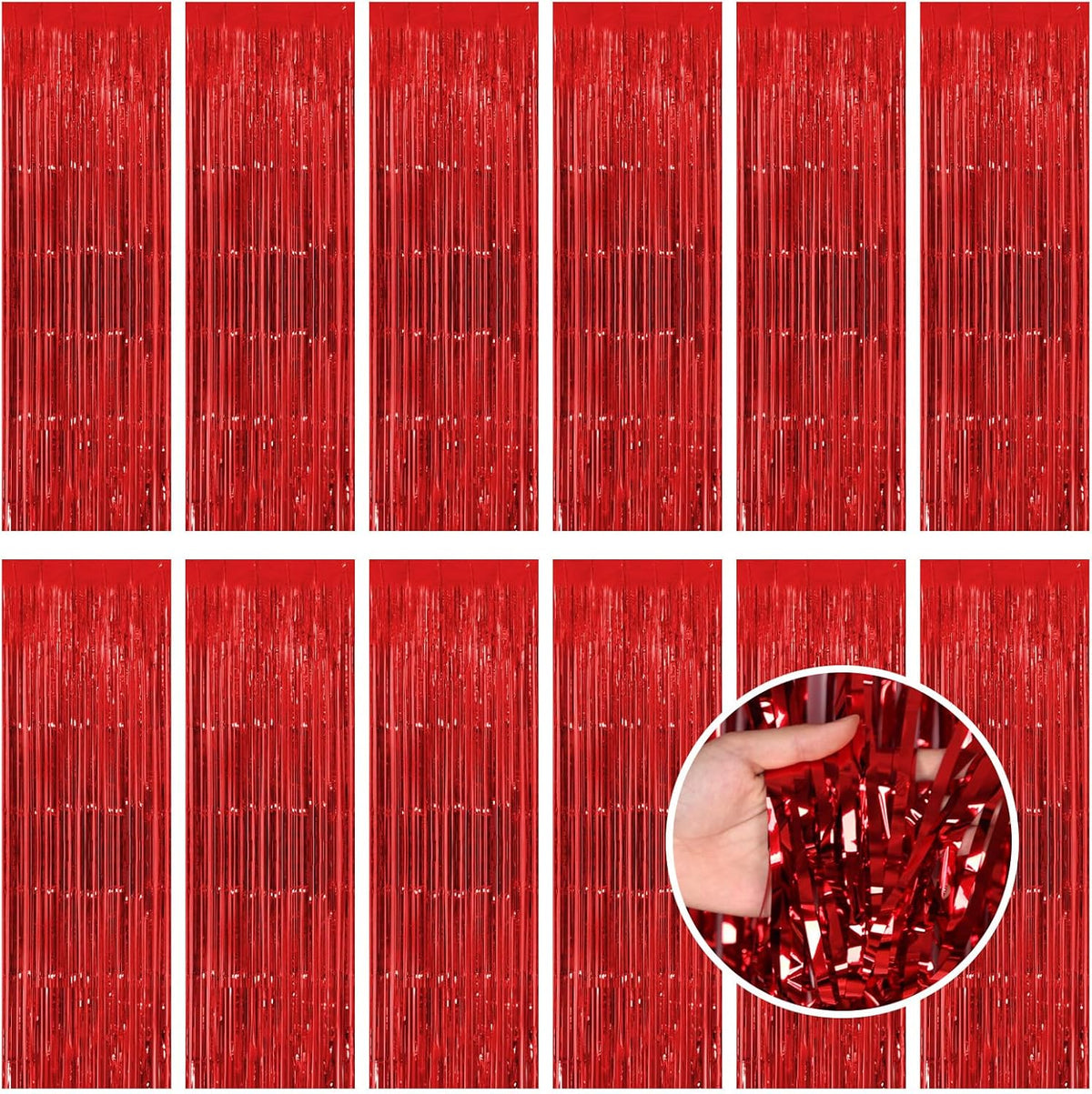 Red Fringe Curtain Party Streamers, 12 Pack 3.3ft x 8.2 ft Foil Curtain Backdrop Tinsel Foil Fringe