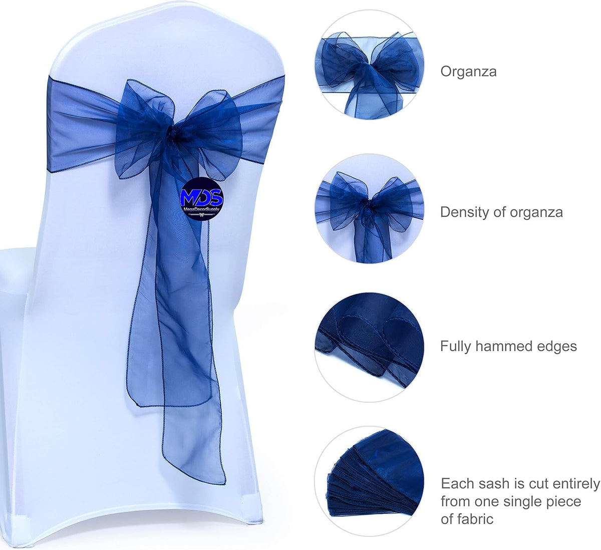 MDS Pack of 150 PCS Organza Chair Sashes Wider Dining Chair Bows Ribbon Tie Back for Wedding Party