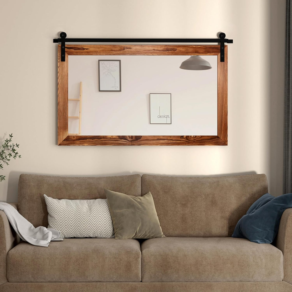 COGOOD Farmhouse Barn Door Mirror - 41" x 26" Rustic Wood Framed Wall Mirror for Bathroom, Living