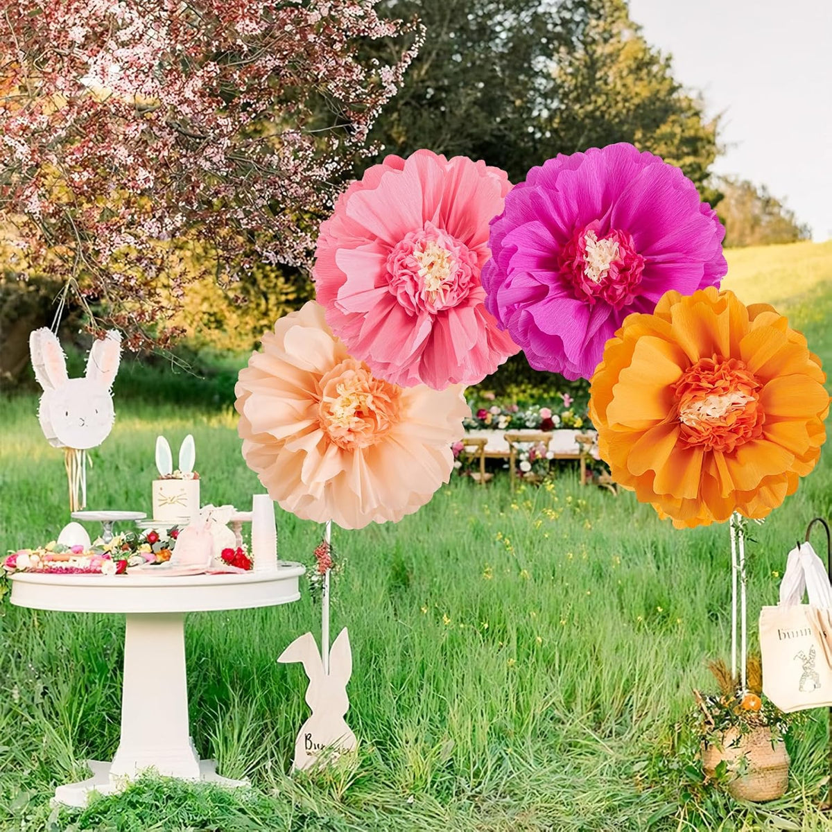 SUNBEAUTY 4 PCS 20" Hot Pink Orange Fall Birthday Party Decorations Giant Paper Flowers Large Crepe