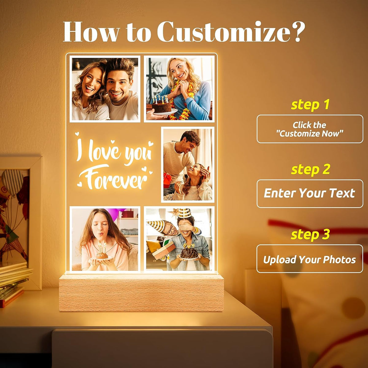 Custom Picture Frames with Photos, Customized Photo Frame with Night Light, Personalized Picture