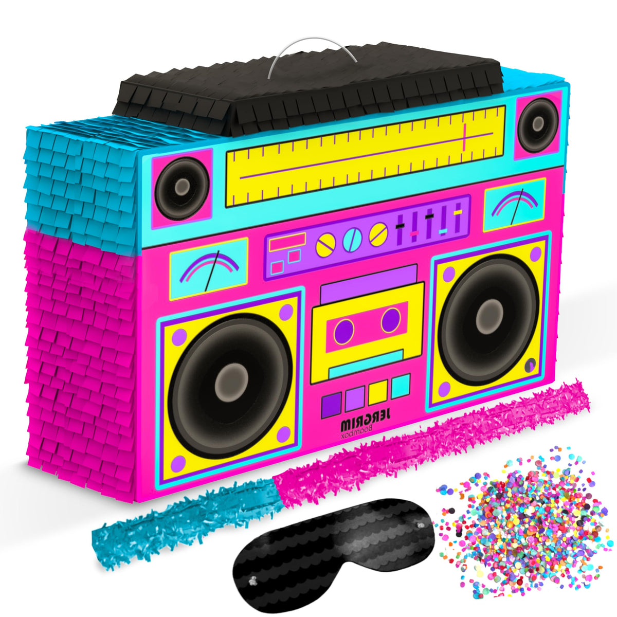 Jergrim Boombox Piñata 4-Piece Set perfect for Retro Birthday Party, Decorations, 80s Parties, Hip