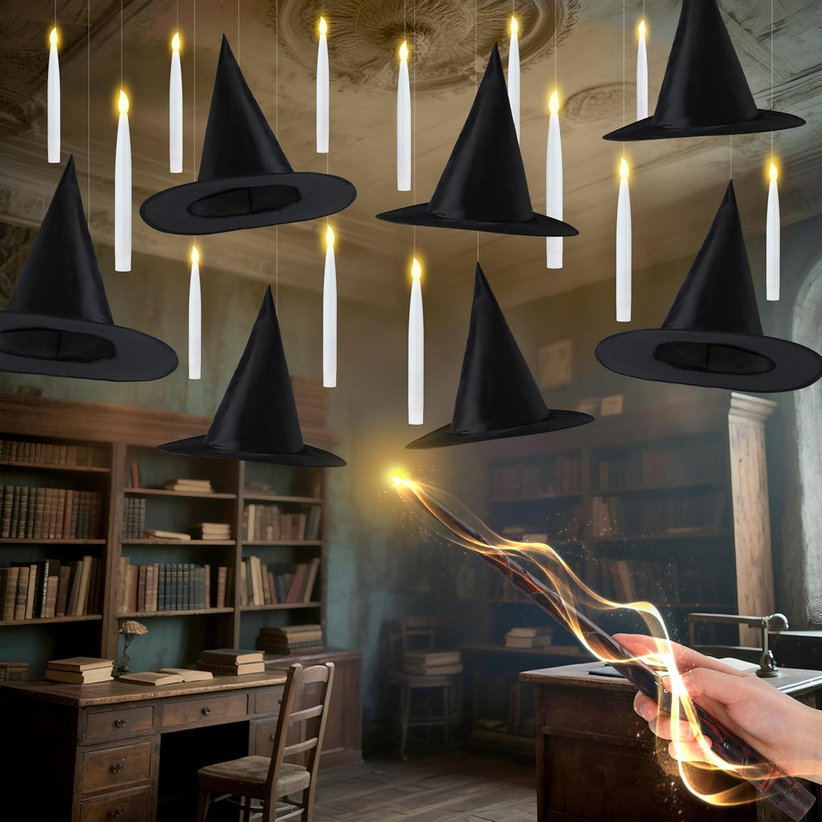 JOYIN 20Pcs Halloween Floating Candles and Witch Hat Light Up with Wand Remote Set Magic Hanging