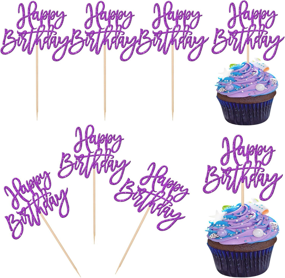 24 PCS Glitter Happy Birthday Cupcake Toppers - Purple Cupcake Picks for Celebrating Anniversary