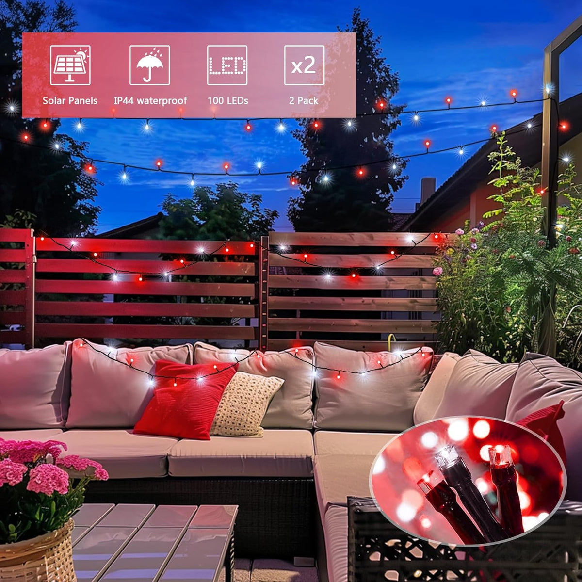 JMEXSUSS 2 Pack Red and White Christmas Lights, Each 100 LED 33ft Solar String Lights Outdoor