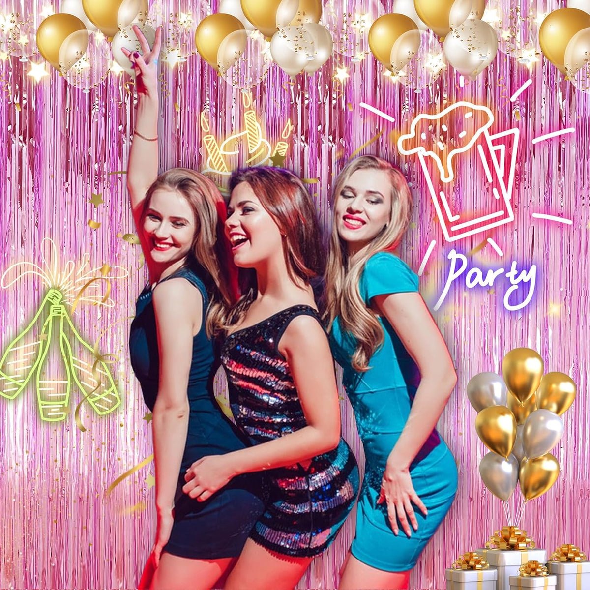 2 Pack 3.28 ft x 6.56 ft Pink Tinsel Curtain Party Backdrop Decorations, Metallic Foil Fringe