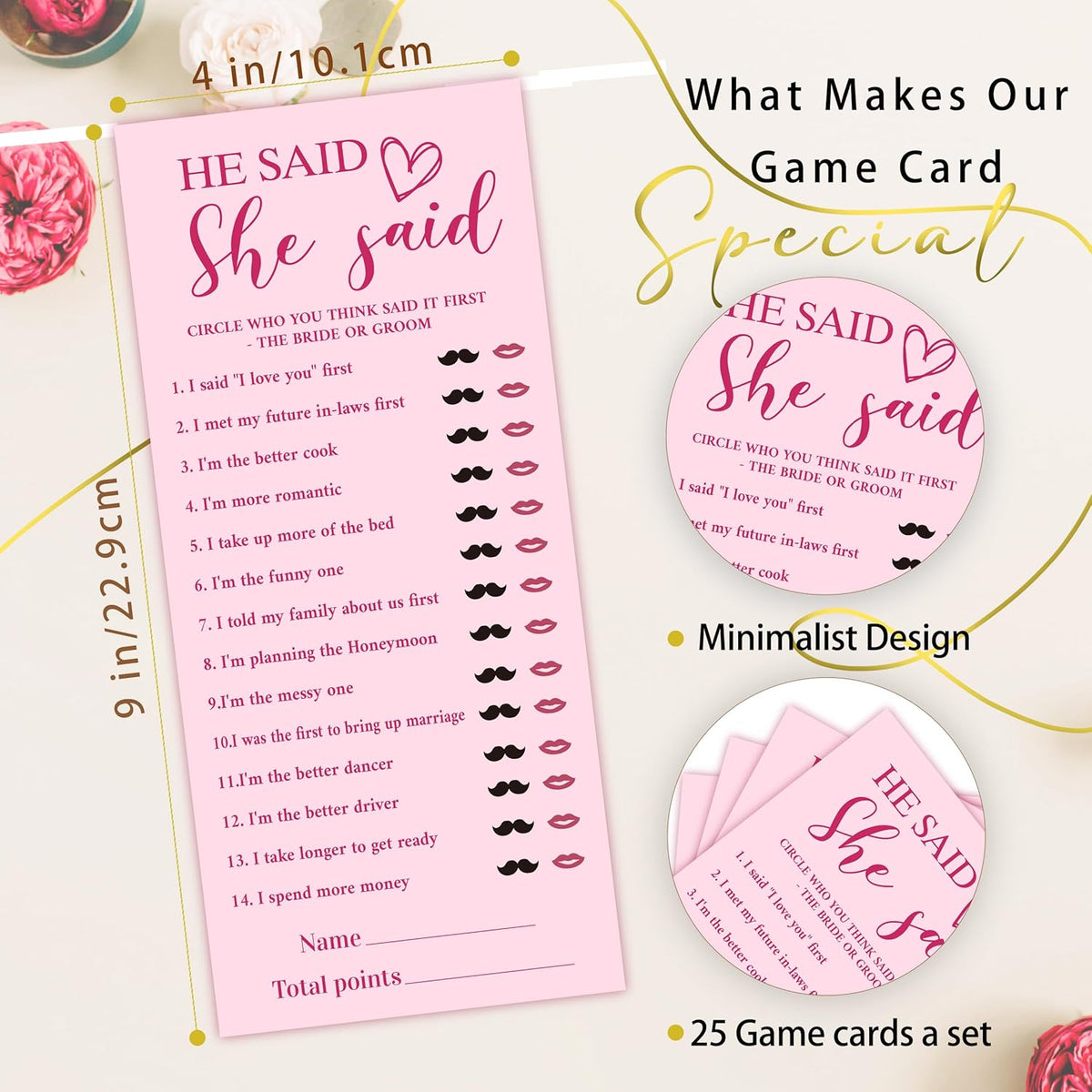 4x9 Inch Bridal Shower Party Games, He Said She Said, Pink Wedding Shower Games Cards for 25