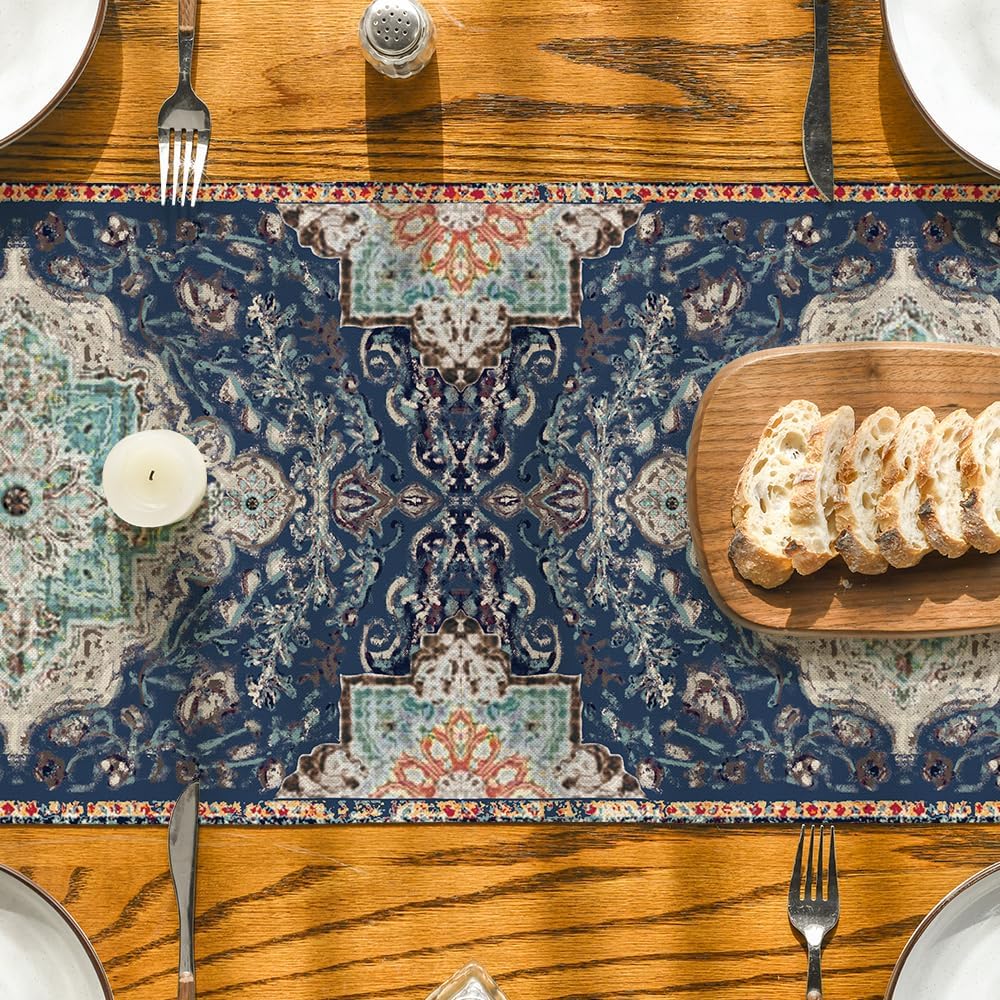 Artoid Mode Boho Bohemia Style Blue Table Runner, Country Rustic Farmhouse Magical Winter Kitchen