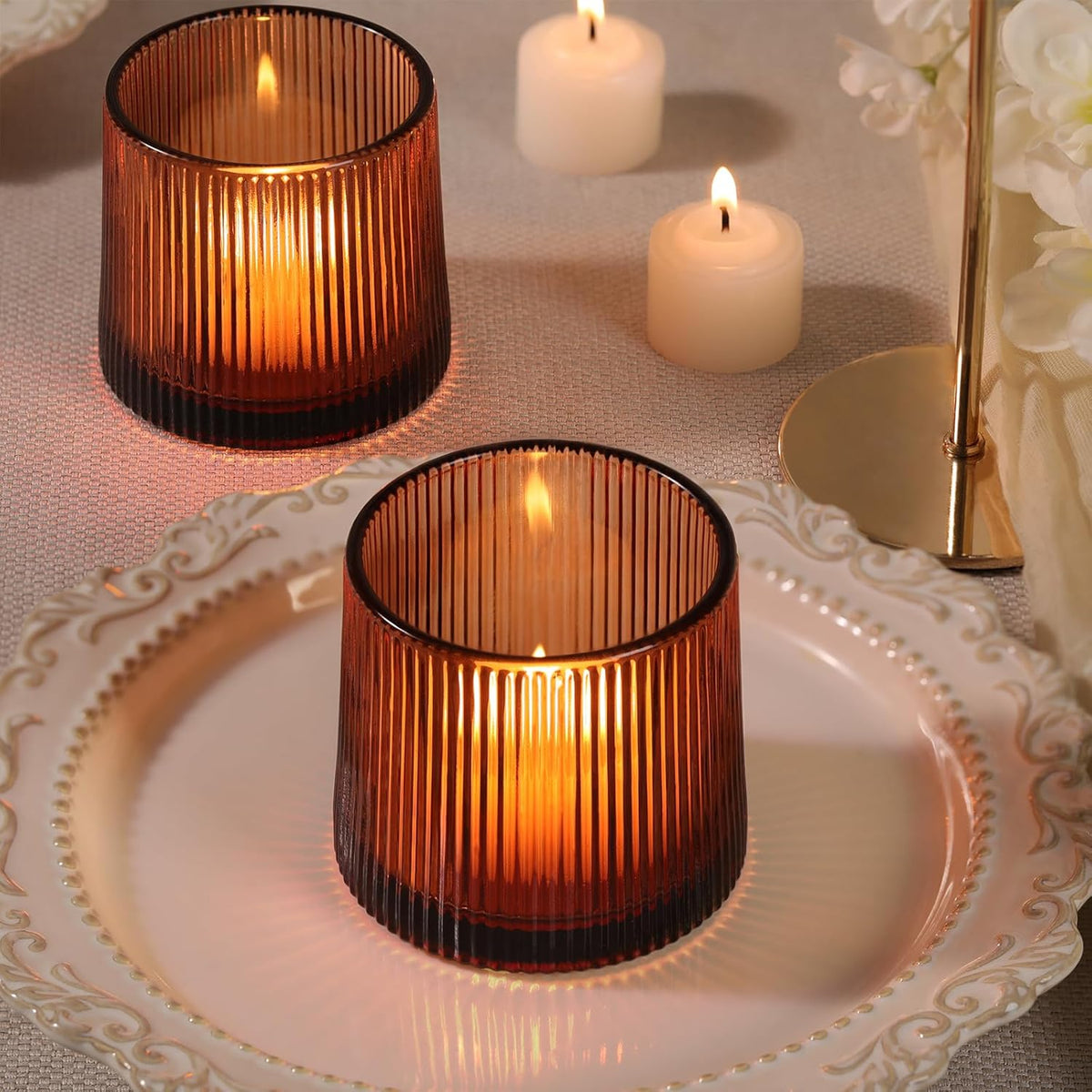 Amber Ribbed Tealight Votive Candle Holders Set of 10- Votive Candle Holders for Table Centerpiece