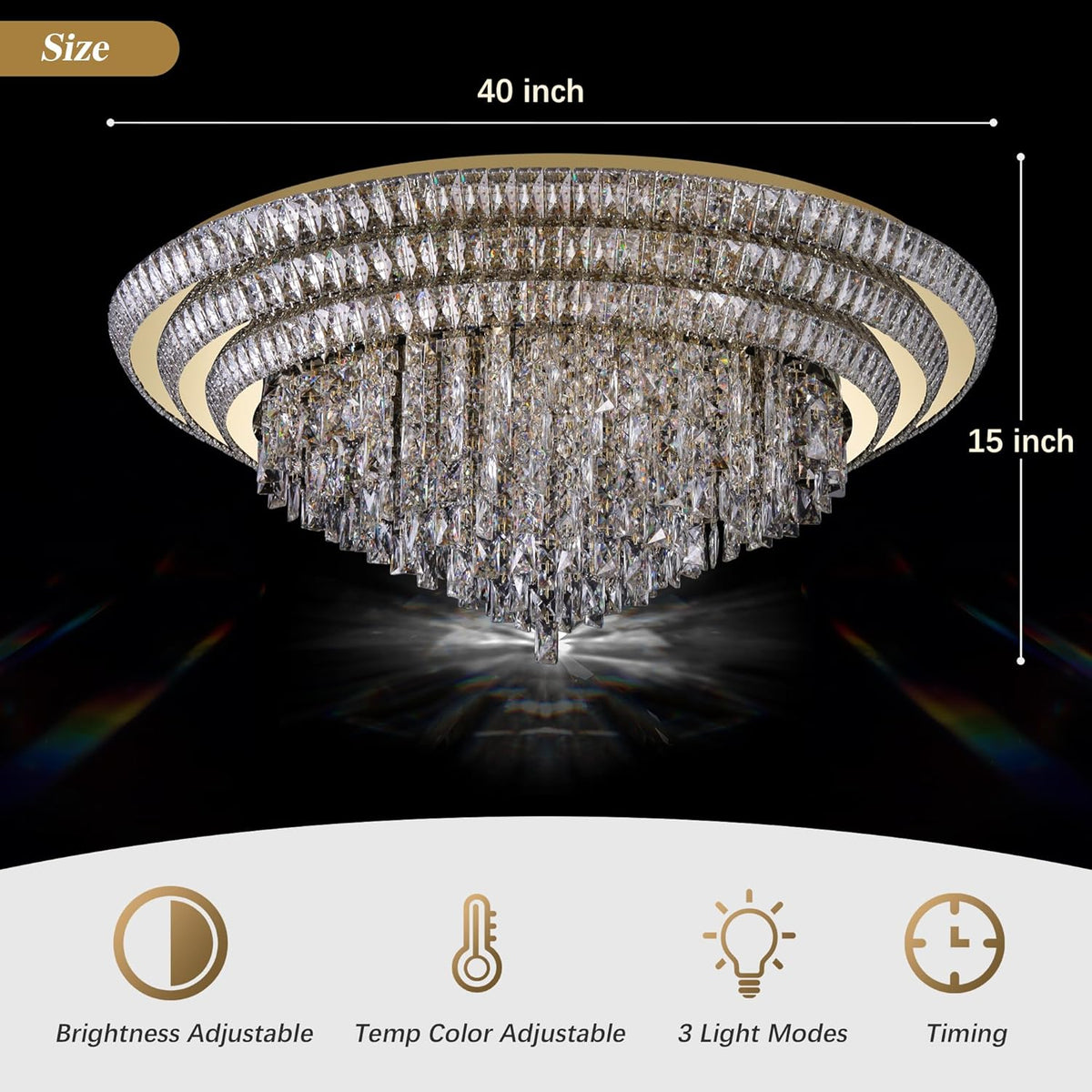 40 inch Crystal Gold Ceiling-Light Flush Mount with Remote Control and APP, 3CCT Dimmable &