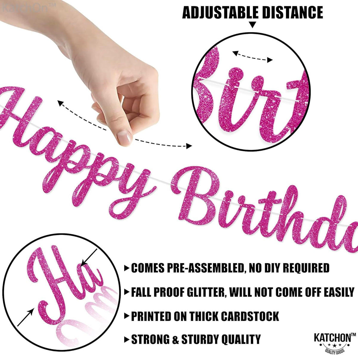 KatchOn, Glitter Pink Cursive Happy Birthday Banner - Pre-Strung, 10 Feet | Birthday Decorations