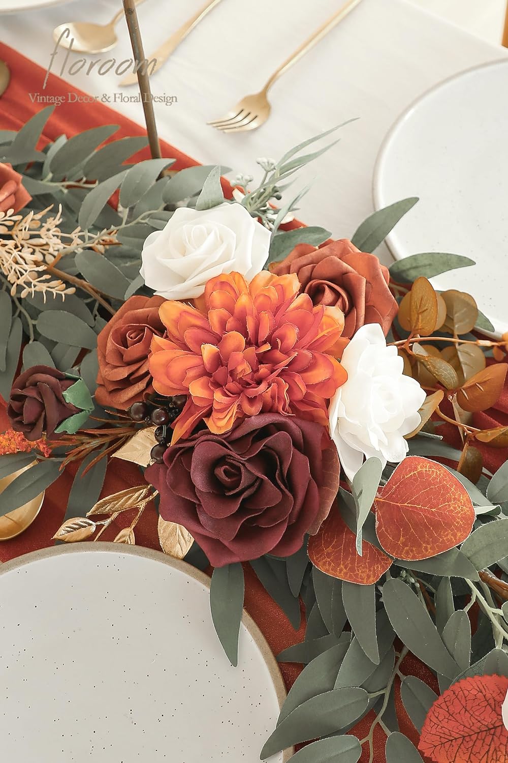 Floroom 6ft Artificial Eucalyptus Garland with Flowers Fake Greenery Burnt Orange Faux Floral Vine