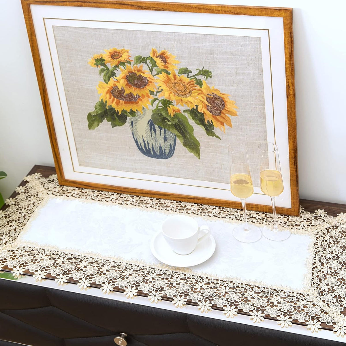 Beige lace Premium Rectangle Farmhouse Table Runner Waterproof OilProof SpillProof AntiShrink Soft