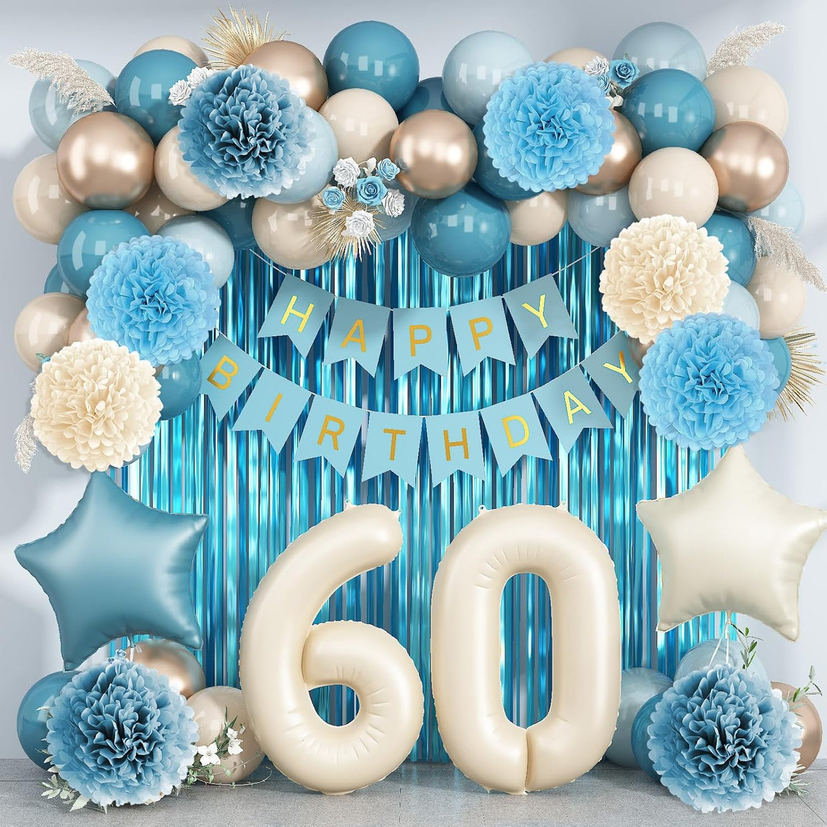 Dusty Blue 60th Birthday Party Decorations for Women Men Beige Cream Number 60 Balloon with Blue