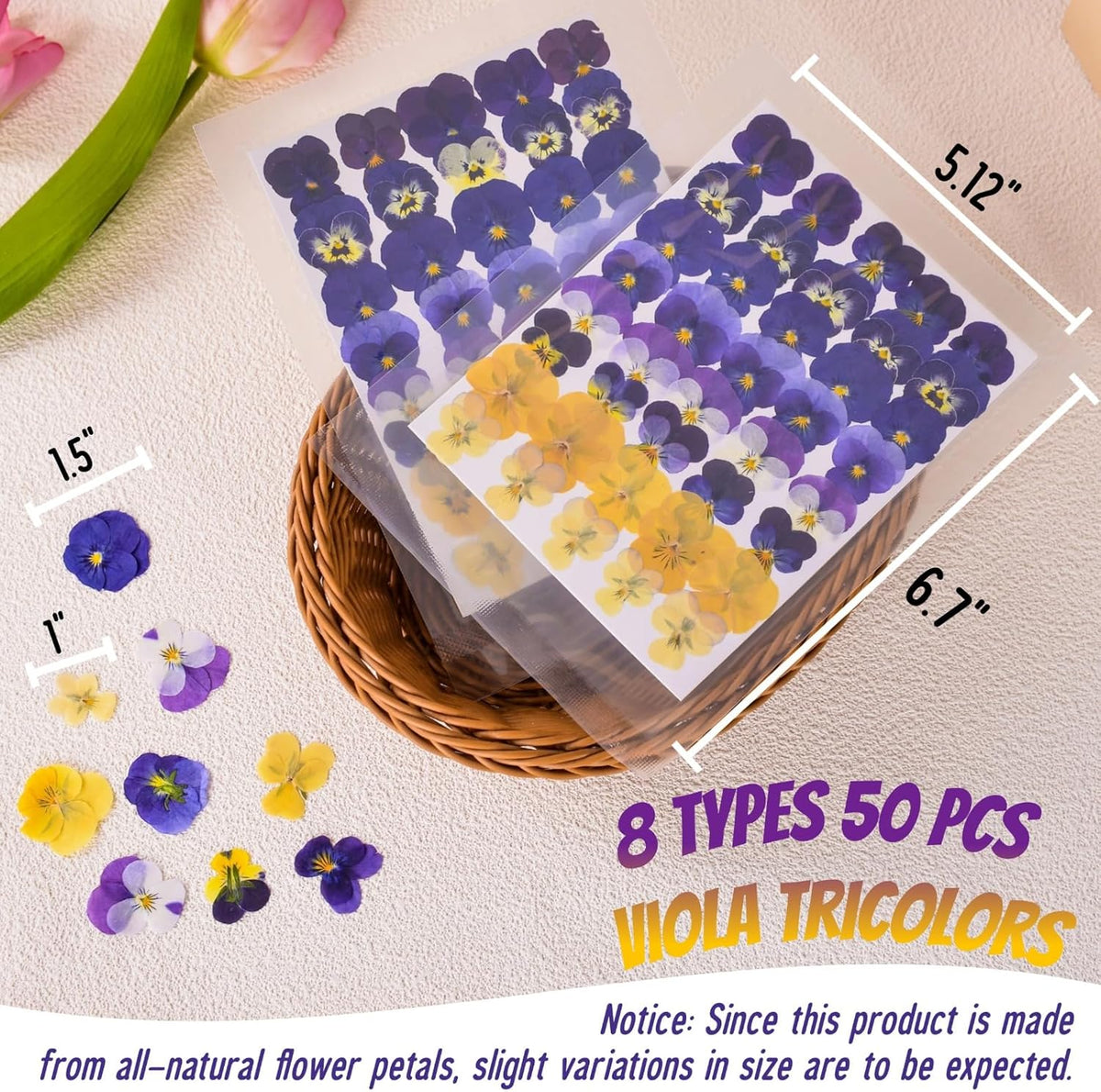 50 Pcs 8 Kinds Natural Dried Pressed Edible Flowers for Cake Topper Decorating - Mix Viola Tricolor