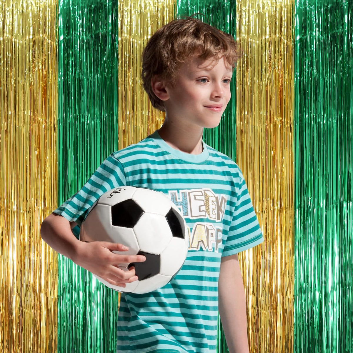 2 Pack Green and Gold Foil Fringe Backdrop Curtains, Tinsel Streamers Party Decorations, Fringe