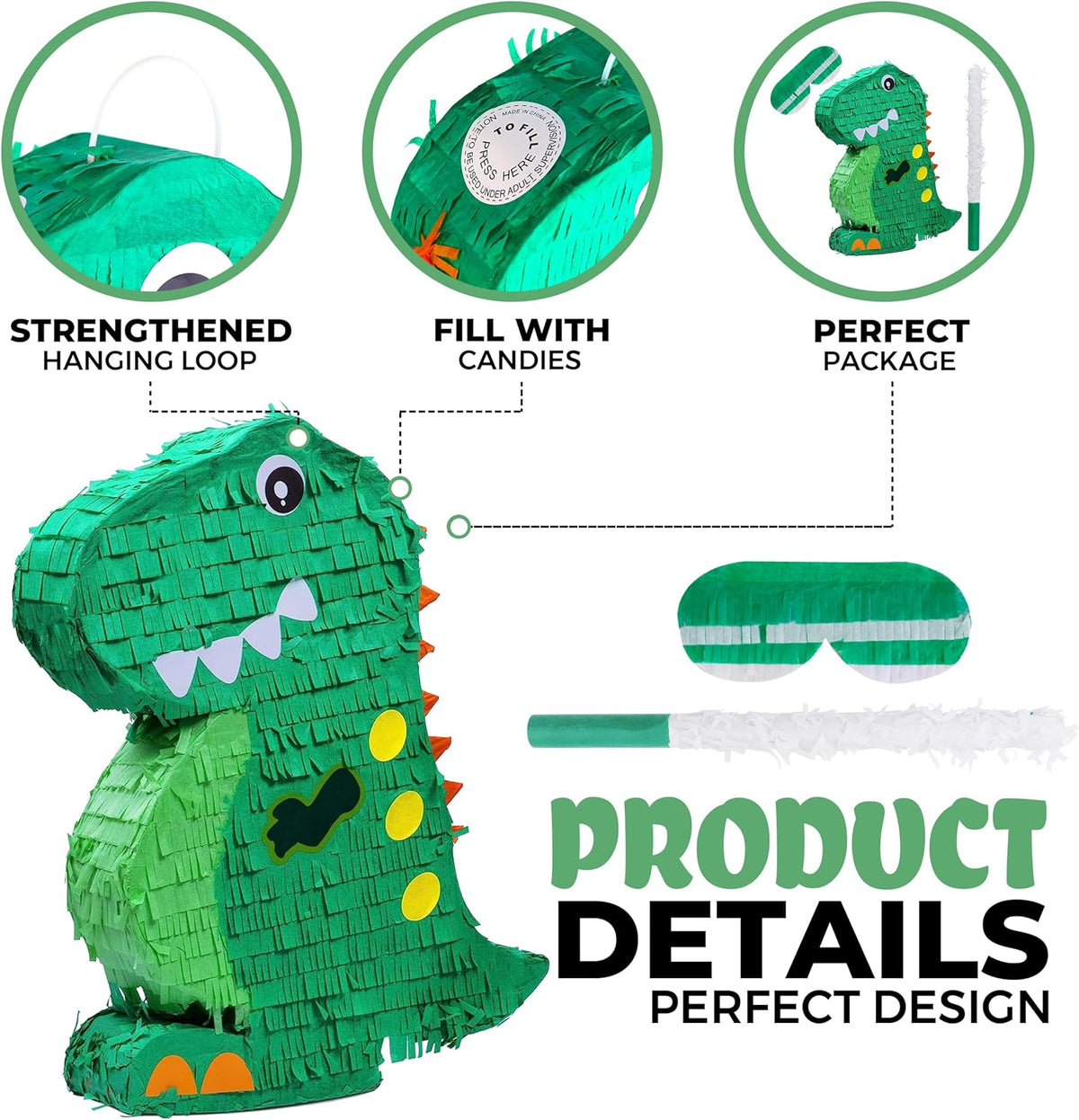 Dinosaur Pinata Bundle with a Blindfold and Bat (17x13x4 Inches), Perfect for Birthday Parties