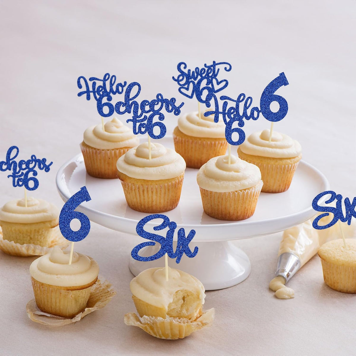 30Pcs 6th Birthday Cupcake Toppers Glitter Six Hello 6 Cupcake Picks Cheers to 6 Years Old Cake