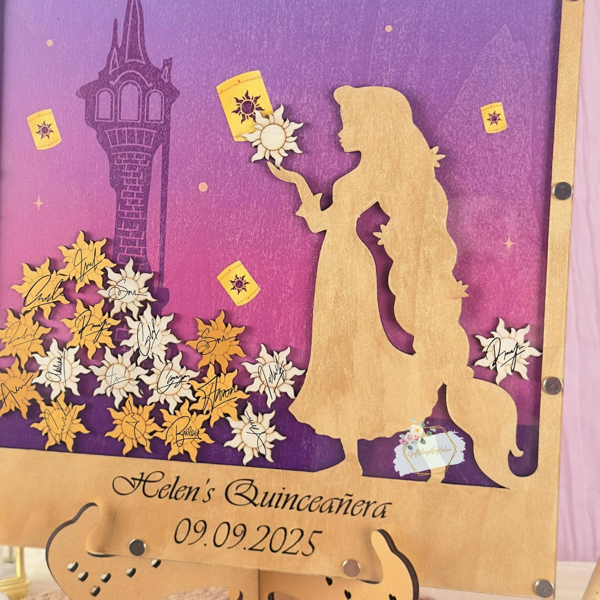 Princess Guest Book Alternative | Quinceañera Sweet XV Wooden Dropbox Frame with Lantern Tokens |