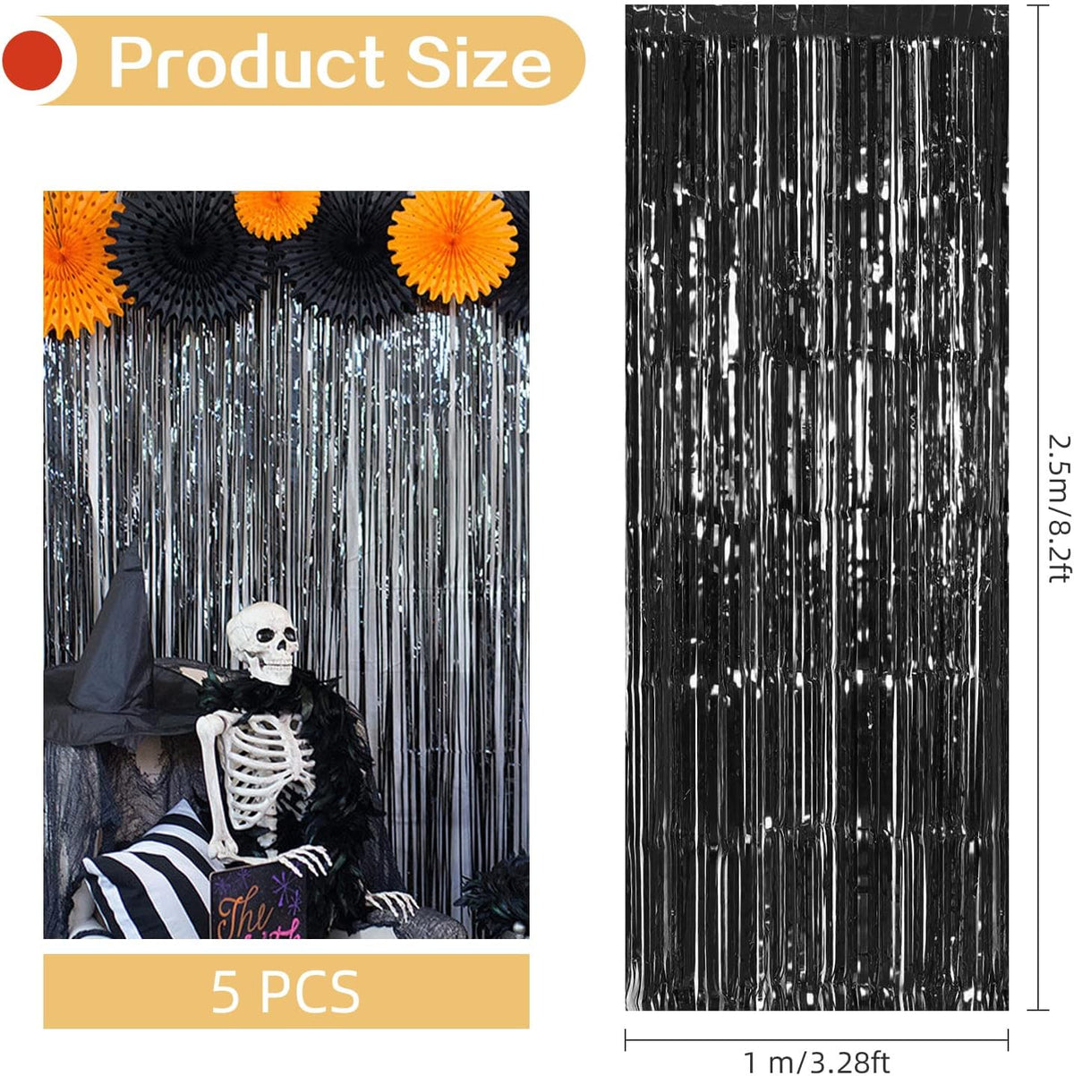 5 Pack Black Fringe Backdrop 3.2ft x 8.2ft Foil Curtain Tinsel Streamers for Birthday Party