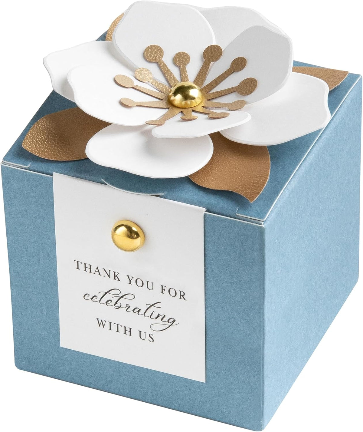 FEIYI 20 PCS Candy Boxes, 3 In 1 Dusty Blue Favor Boxes with Floral Decor, White Thank You Tags