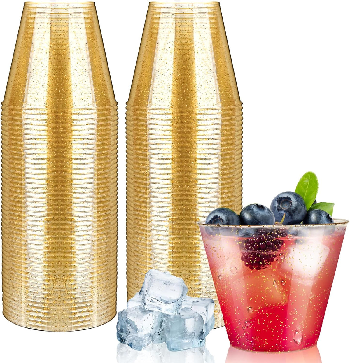 [100 Pack] 9oz Plastic Cups with Gold Glitter Sturdy & Food Safe Disposable Wine Glasses Party