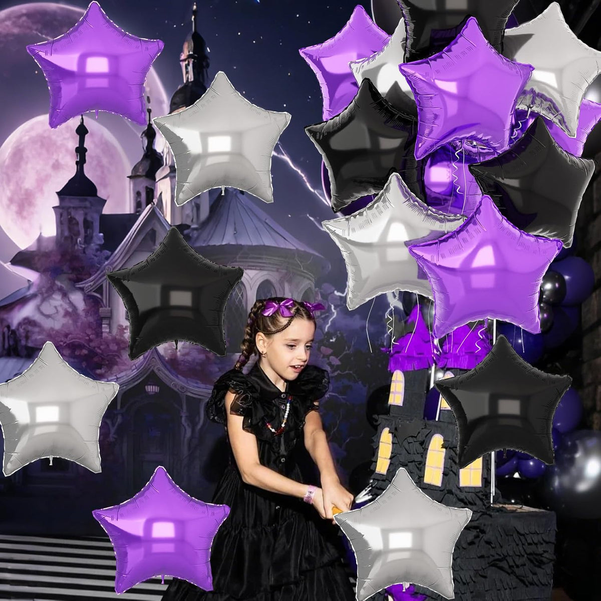 Purple Black Star Balloons 18Inch Lavender Purple Silver and Black Pentagram Foil Balloon 12Pcs