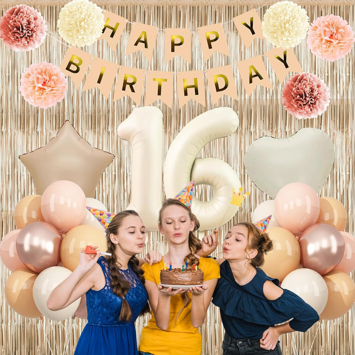 Beige 16th Birthday Decorations Girls Boys Cream Number 16 Balloon Nude Gold Happy Birthday Banner