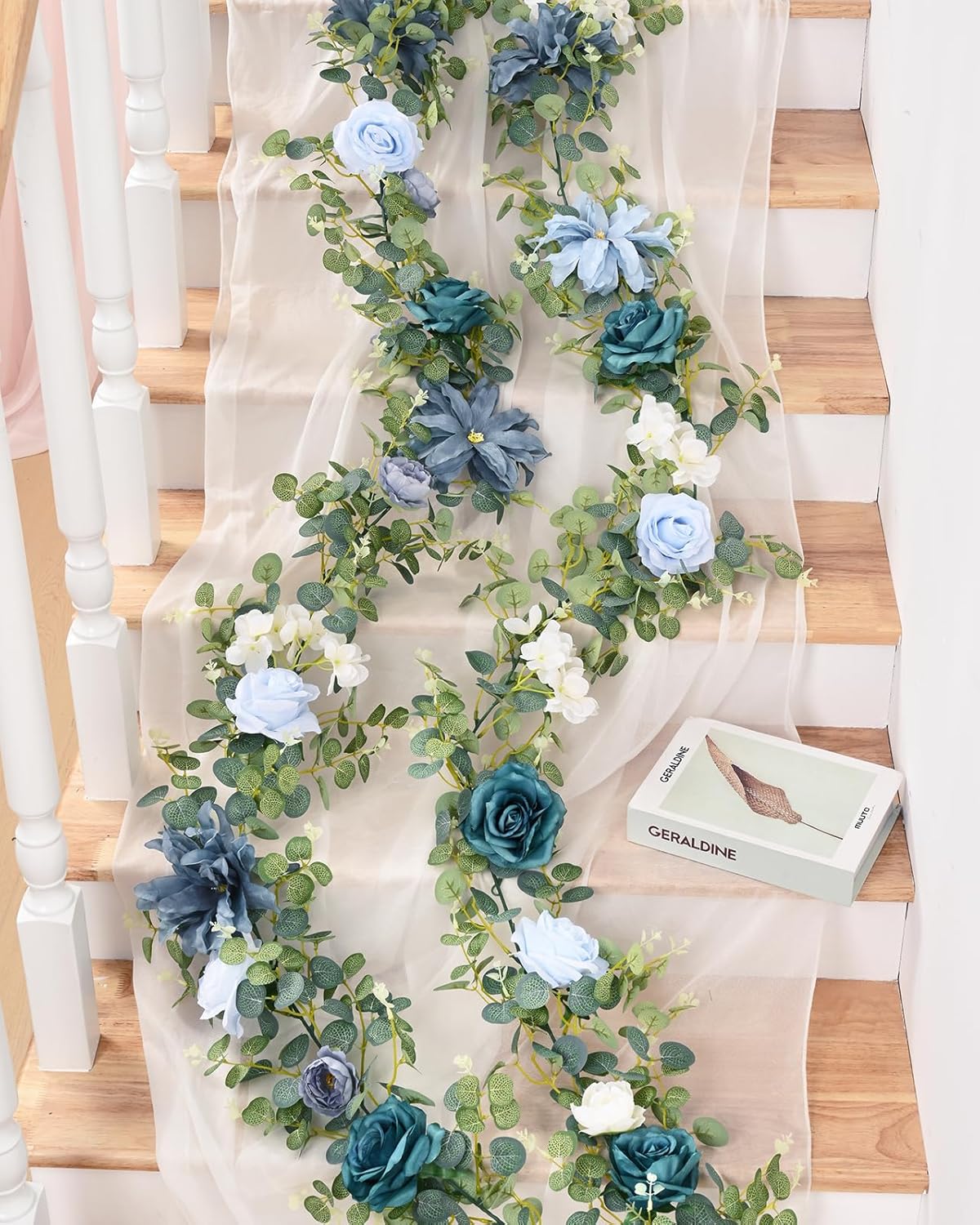 Waipfaru 2Pcs Artificial Eucalyptus Garland with Flowers 6.07Ft, Wedding Table Decorations, Floral