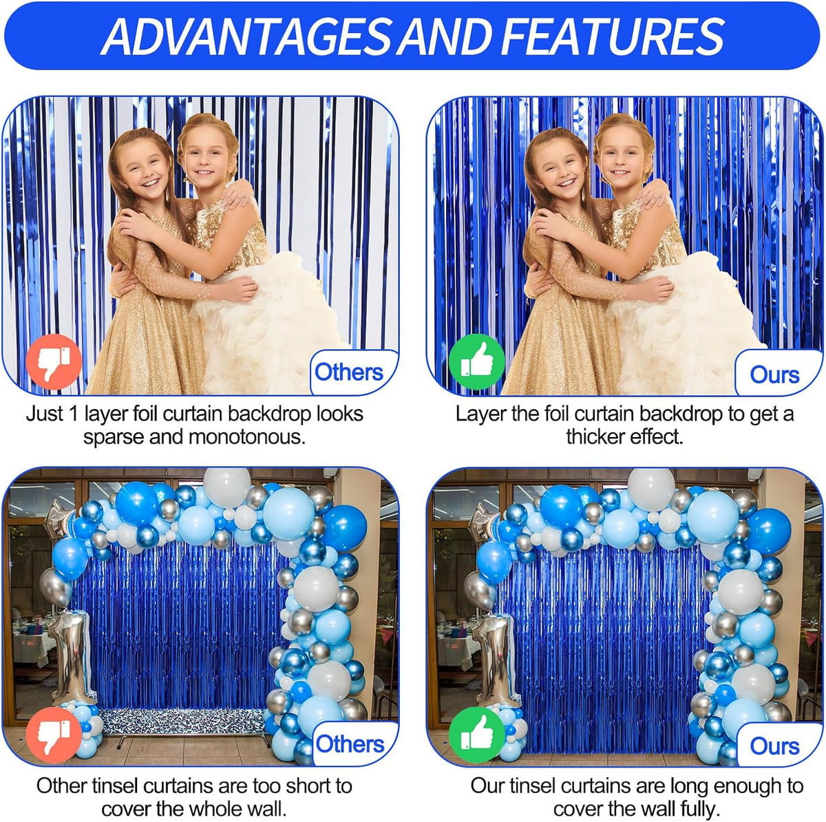 4 Pack Dark Blue Foil Fringe Curtains Door Streamers Party Decorations 3.3 x 8.2 ft, Tinsel Curtain