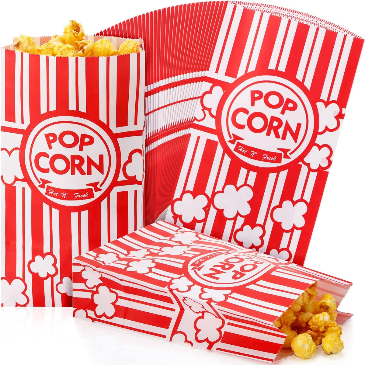 300 Pcs Paper Popcorn Bags Bulk 2 oz Large Flat Bottom Boxes Red and White Disposable Container