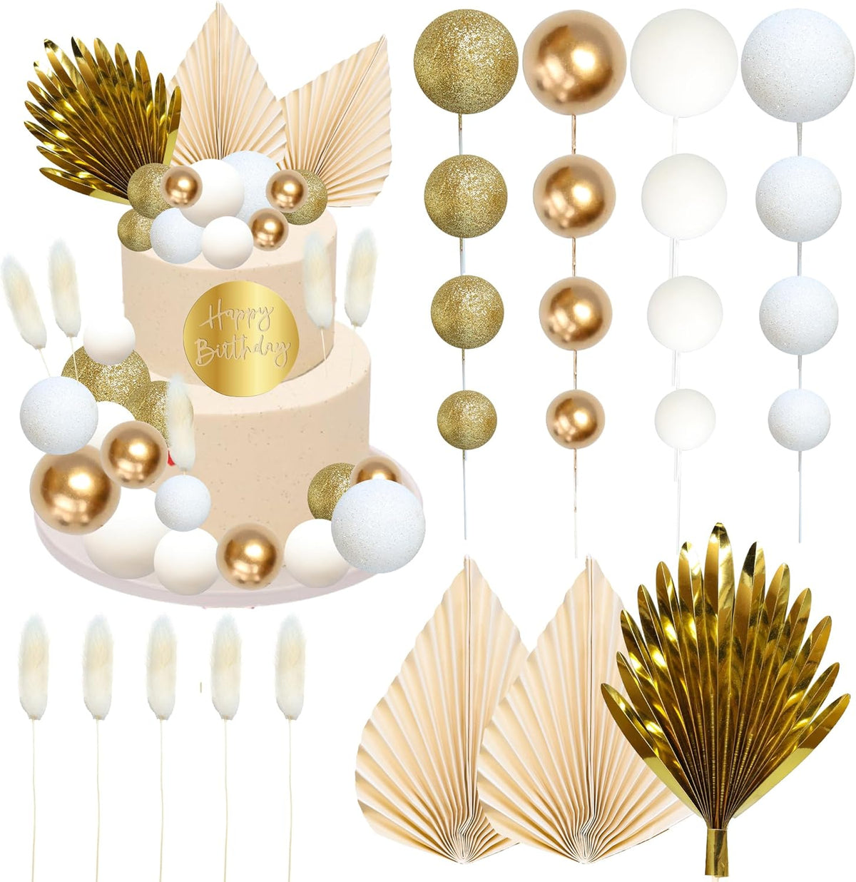 Ephlyn 33 Pack Balls Cake Toppers Boho Palm Leaves Cake Decorations Round Acrylic Happy Birthday