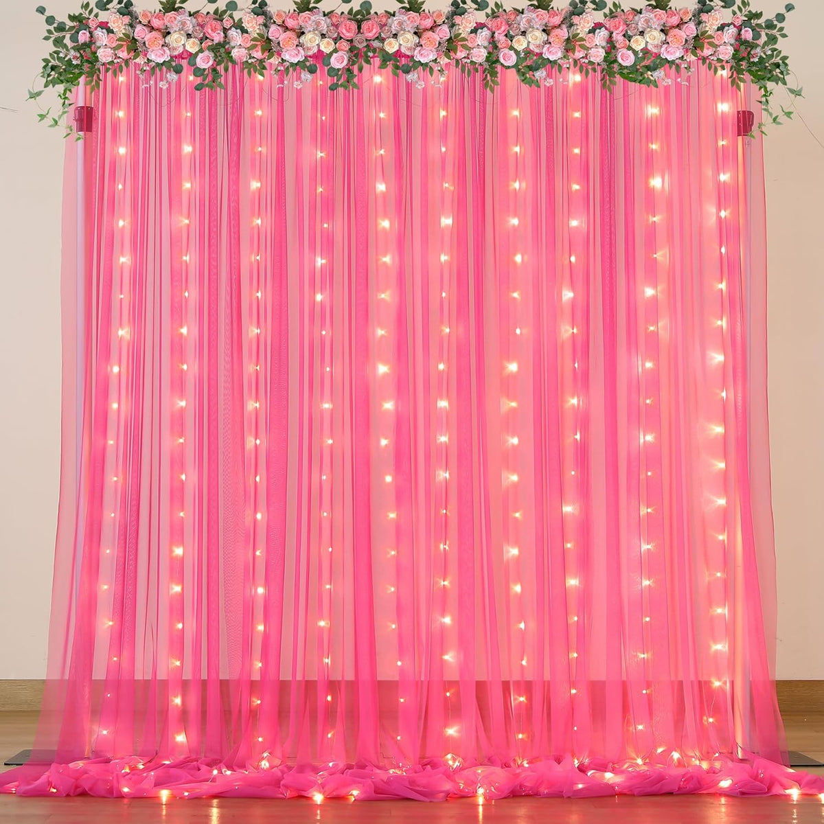 Hot Pink Tulle Backdrop Curtain with Lights for Parties 10x10ft Fuchsia Sheer Backdrop Curtains for