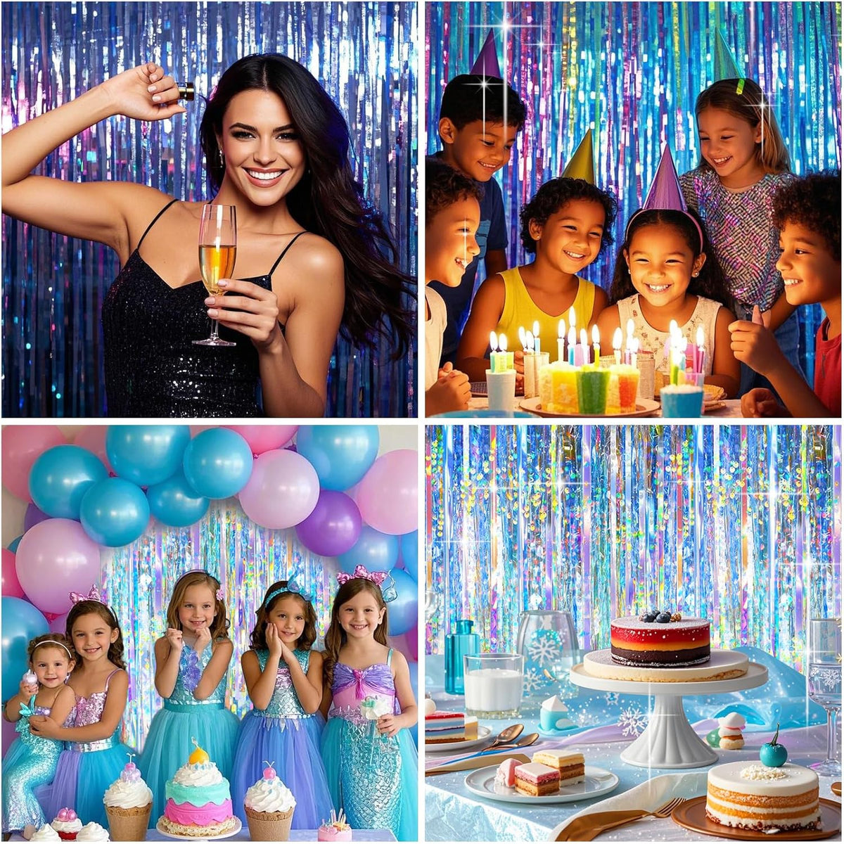 2 Packs Iridescent Foil Fringe Curtain, Neon Transparent Holographic Tinsel Backdrop for Birthday