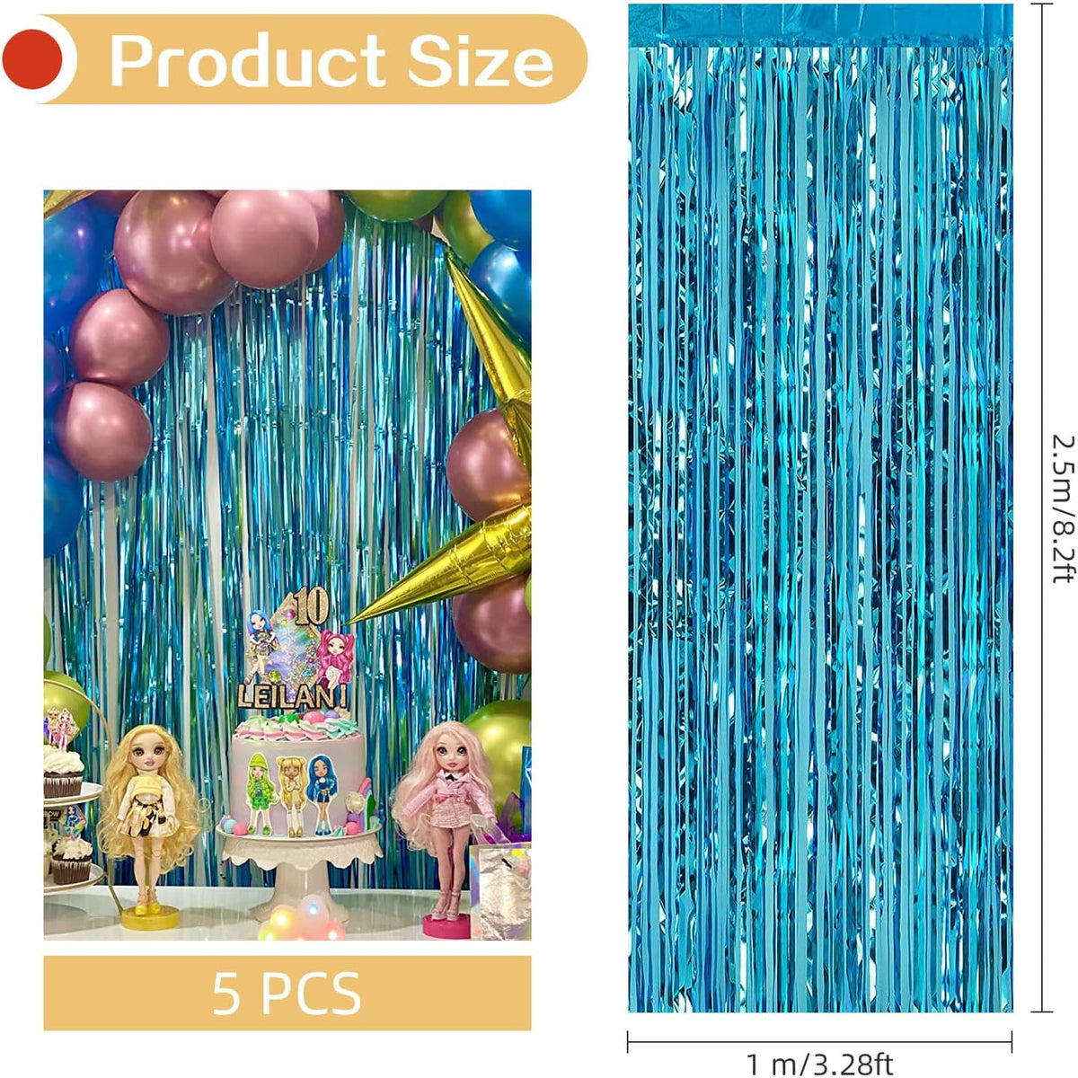 5 Pack Blue Fringe Backdrop 3.2ft x 8.2ft Teal Blue Foil Fringe Curtains Party Tinsel Curtain