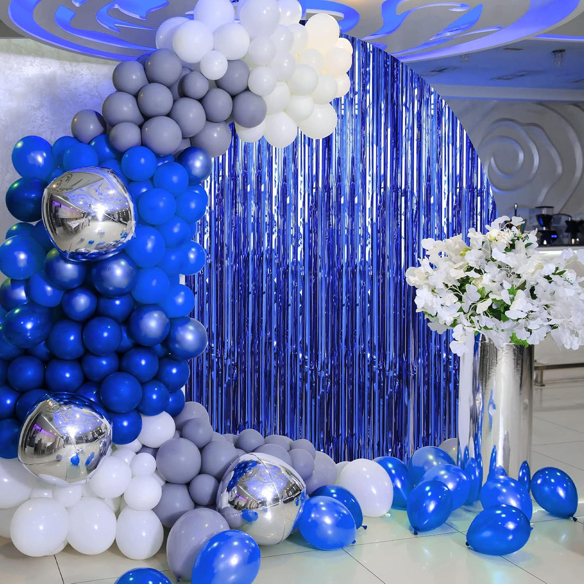 Crosize 7 Pack 3.3 x 9.9 ft Dark Blue Foil Fringe Backdrop Curtain, Streamer Backdrop Curtains